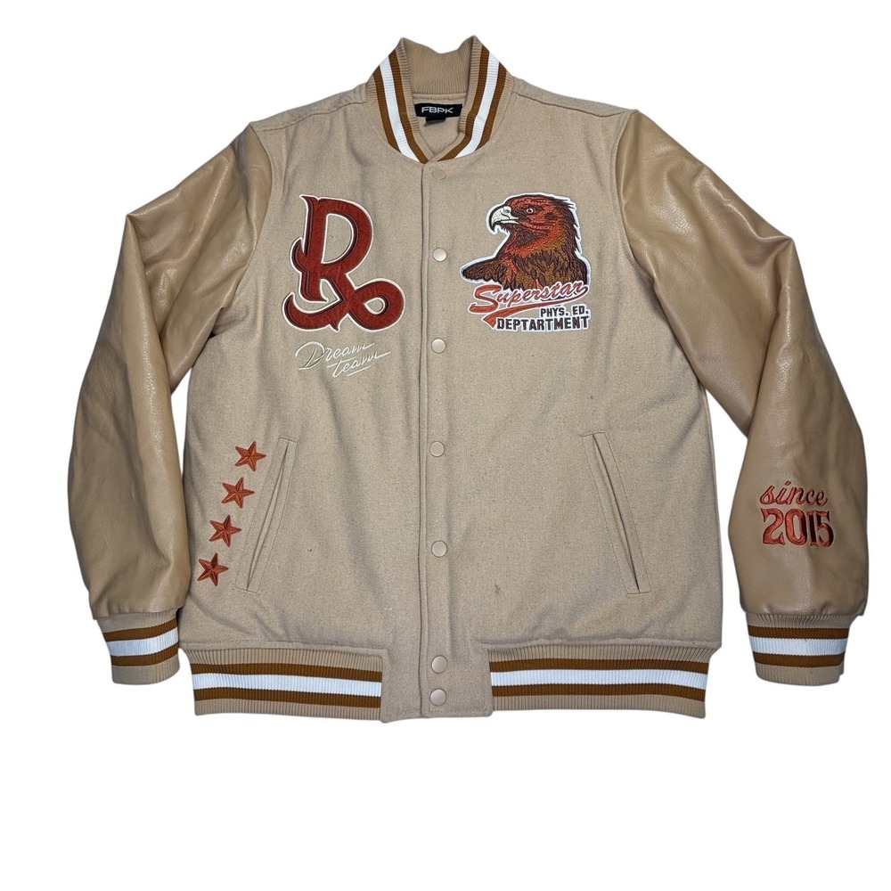 FBK Varsity‎ Jacket Eagle Patch All American Dream Team Tan Snap Front Sz Large